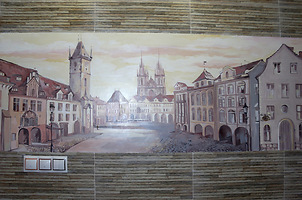 Роспись настенная, монохром, выполненная акриловыми красками, покрыта защитным воском, тема "Панорама Праги"
